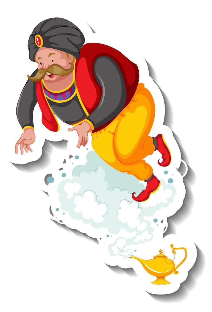 Vettore gratuito genio che esce dall'adesivo del personaggio dei cartoni animati della lampada magica