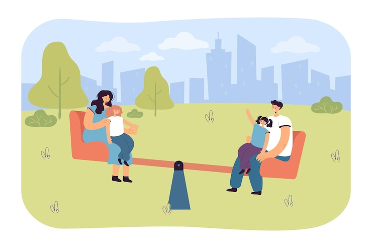 Vettore gratuito genitori e bambini in sella a un'illustrazione vettoriale piatta in bilico. famiglia felice che equilibra insieme sull'altalena nel parco cittadino. gioia, concetto di ricreazione per banner, design di siti web o pagine web di destinazione