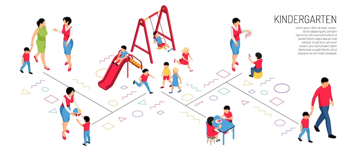 Vettore gratuito genitori educatore e bambini in varie attività nell'asilo sull'orizzontale isometrico bianco