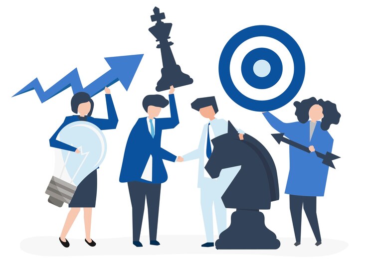 Vettore gratuito gente di affari che tiene l'illustrazione delle icone di scopo e di strategia