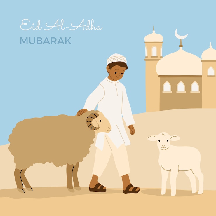 Vettore gratuito gente disegnata a mano che celebra l'illustrazione di eid al-adha