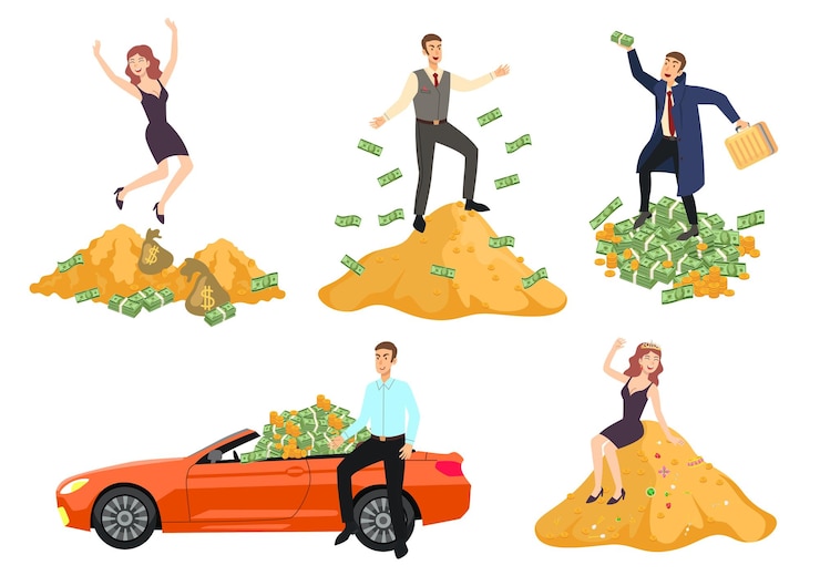 Vettore gratuito gente ricca con la montagna di soldi insieme dell'illustrazione del fumetto. personaggi uomo e donna che lanciano banconote, monete d'oro. miliardario o milionario seduto in un'auto di lusso. ricchezza, concetto di uomo d'affari
