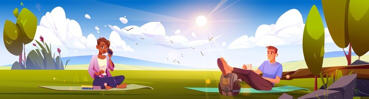 Vettore gratuito gente seduta sul prato nel fumetto soleggiato del parco