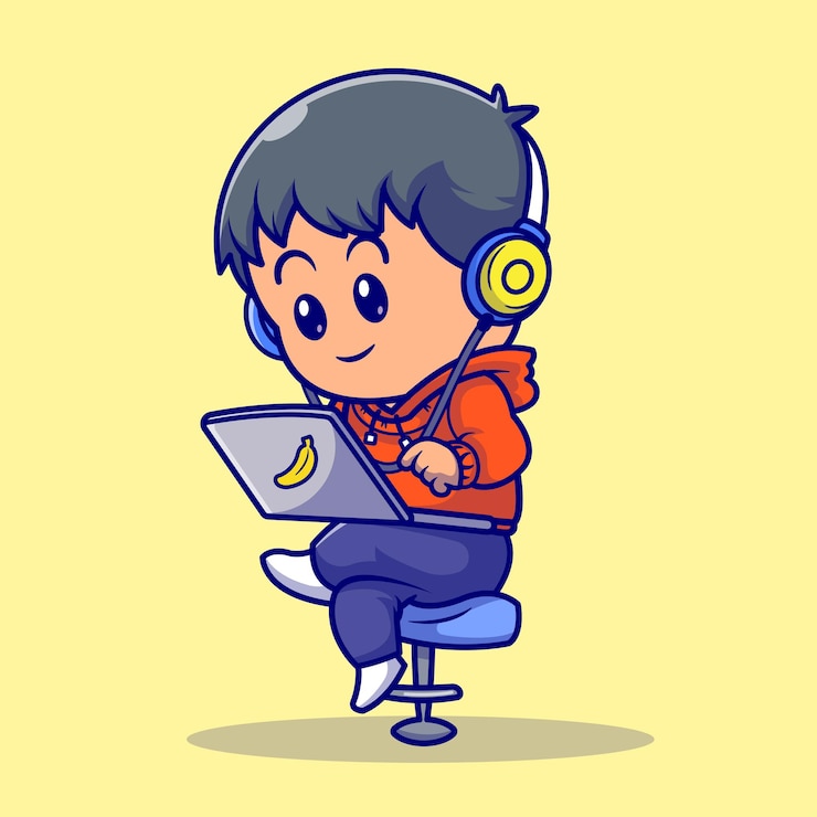 Vettore gratuito gente sveglia che gioca l'icona di vettore del fumetto del computer portatile. concetto dell'icona di tecnologia della gente isolato vettore premium. stile cartone animato piatto