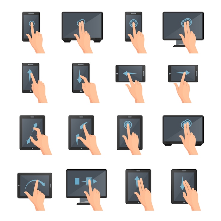 Vettore gratuito gesti di mano sulla raccolta decorativa isolata colorata piana delle icone dei dispositivi digitali di tocco