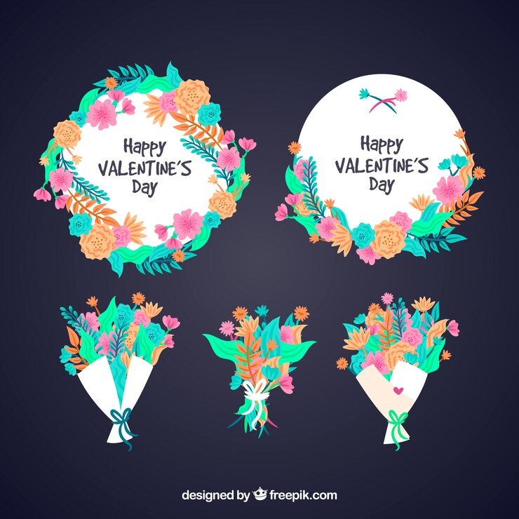 Vettore gratuito ghirlande floreali e mazzi di fiori per san valentino
