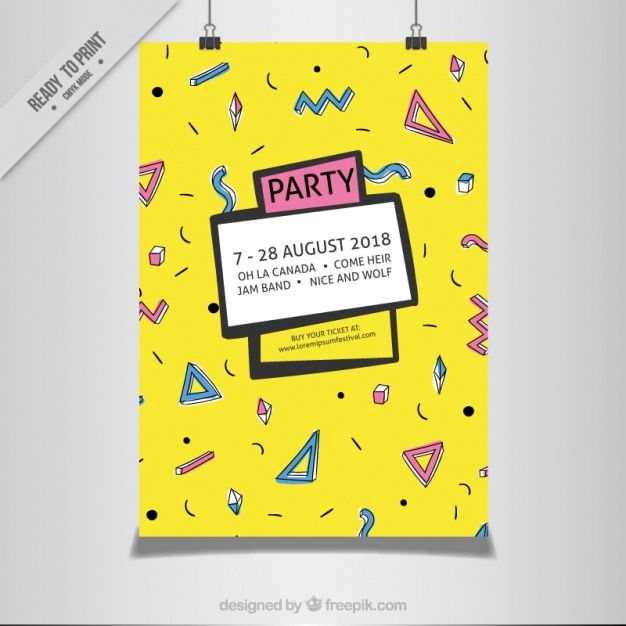 Vettore gratuito giallo memphis degli anni ottanta party poster