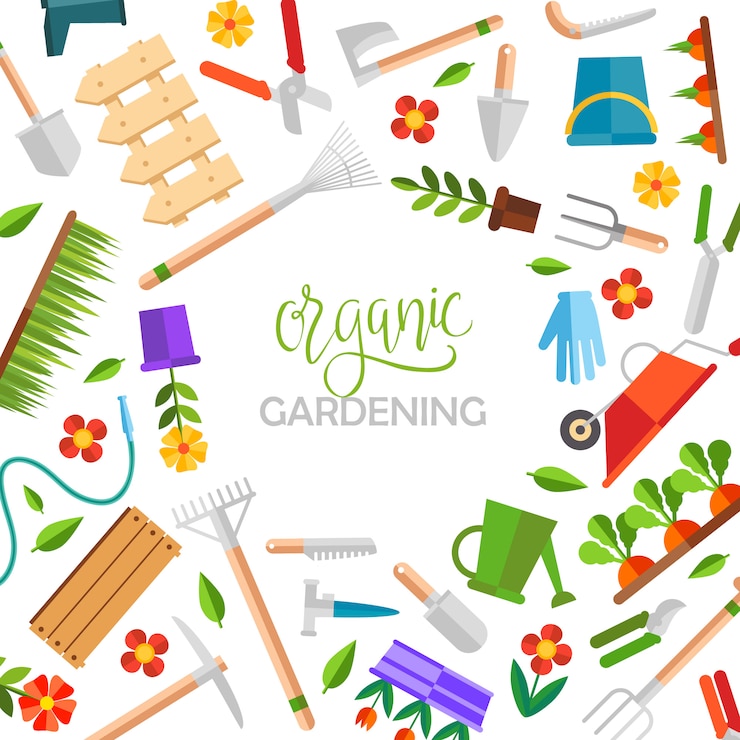 Vettore gratuito giardinaggio e orticoltura, attrezzi per hobby, cassette di verdure e piante.