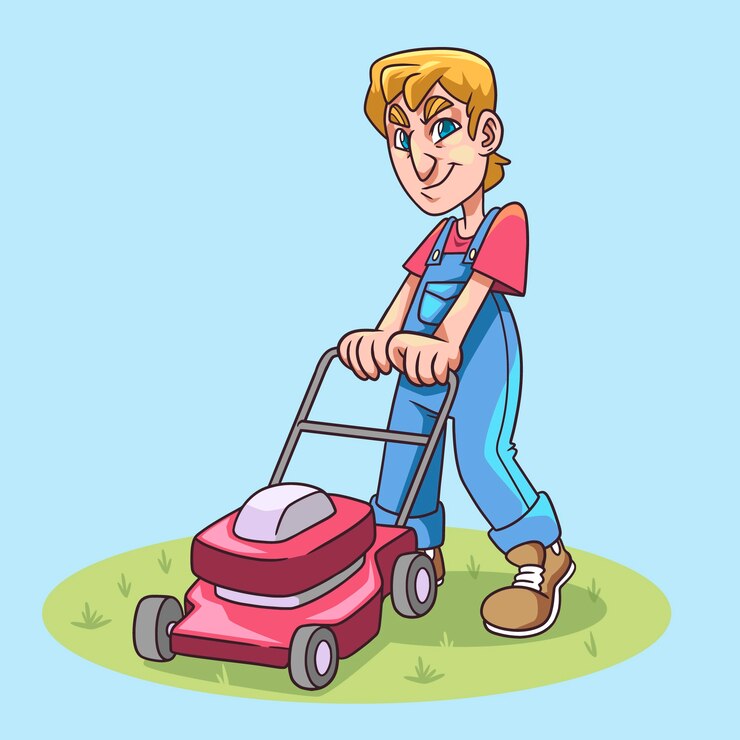 Vettore gratuito giardiniere disegnato a mano usando l'illustrazione del fumetto della falciatrice da giardino