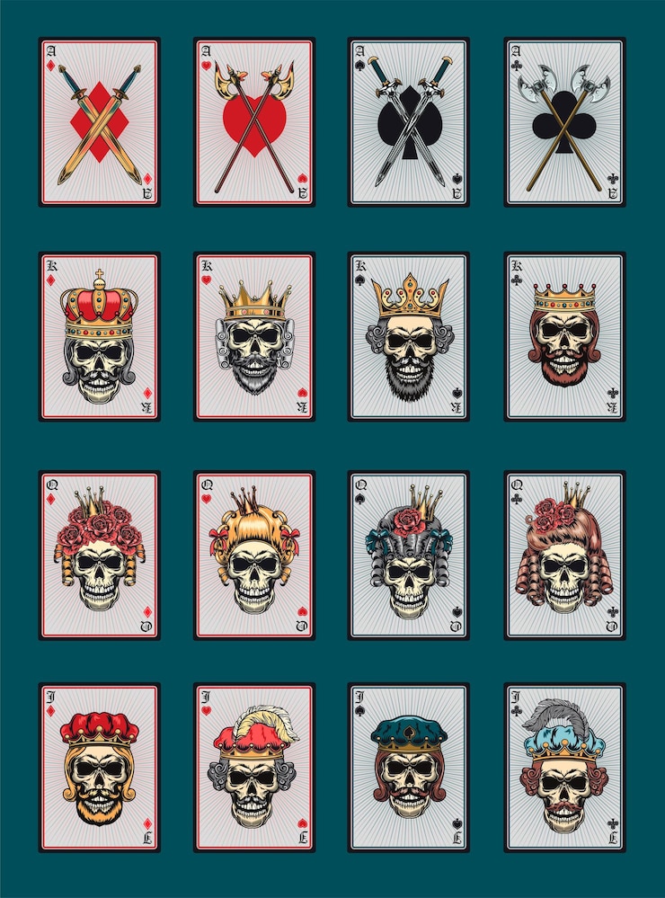 Vettore gratuito giocare a carte da poker con set di teschi