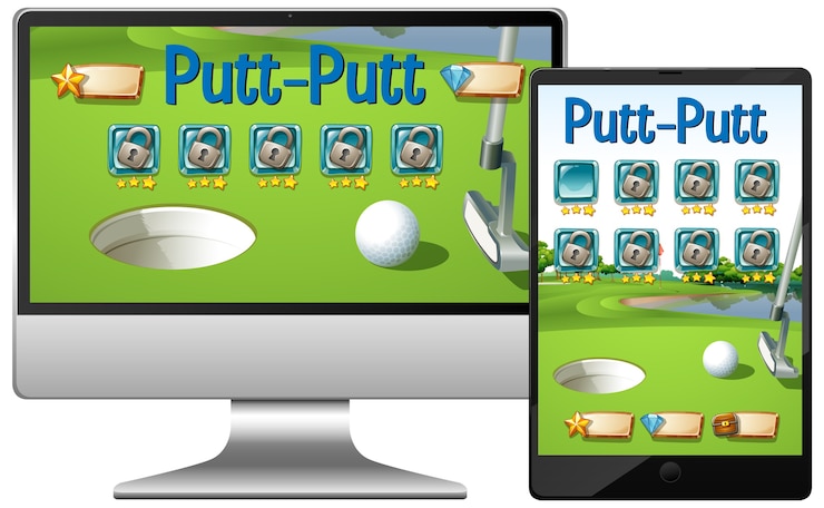 Vettore gratuito gioco di golf o putt putt su diversi schermi di gadget elettronici