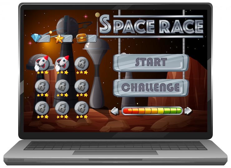 Vettore gratuito gioco di missione di avventura spaziale sullo schermo del laptop