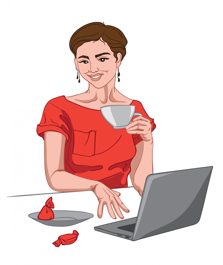 Vettore gratuito gioiosa donna bruna in abito rosso, guardando la telecamera con una tazza di caffè in mano e lavorando. caramella rossa sul tavolo