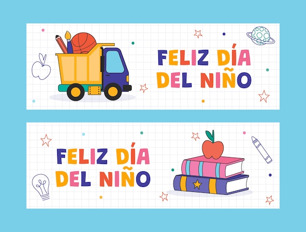 Giornata dei bambini disegnata a mano nella collezione di banner spagnoli