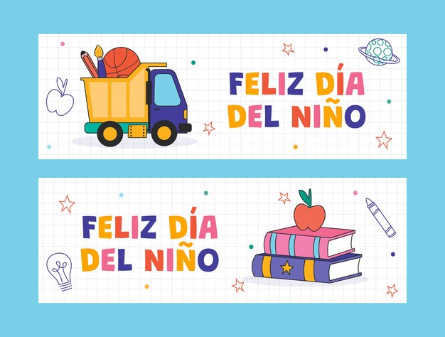 Giornata dei bambini disegnata a mano nella collezione di banner spagnoli