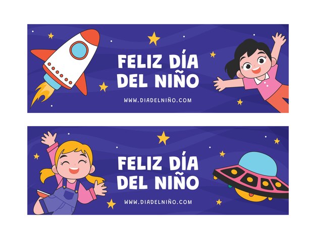 Giornata dei bambini disegnata a mano nella collezione di banner spagnoli