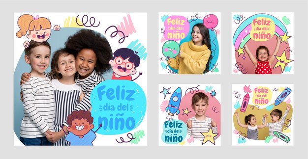 Giornata dei bambini disegnata a mano nella raccolta di post instagram spagnoli