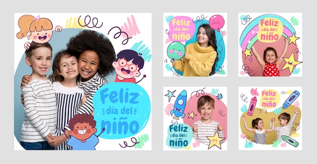 Giornata dei bambini disegnata a mano nella raccolta di post instagram spagnoli