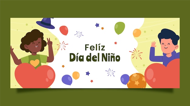 Giornata dei bambini piatta nel modello di banner orizzontale spagnolo