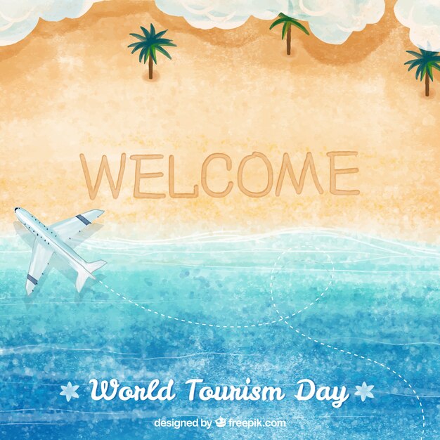 Giornata del turismo mondiale, sfondo acquerello con una spiaggia