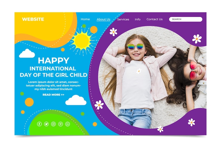 Vettore gratuito giornata internazionale piatta del modello di pagina di destinazione della bambina con foto