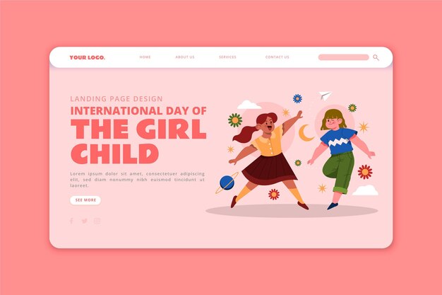 Giornata internazionale piatta disegnata a mano del modello di pagina di destinazione della bambina