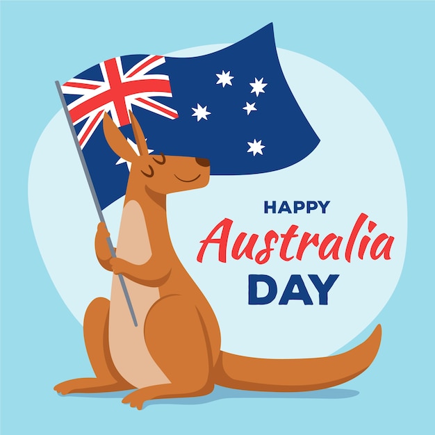 Giorno disegnato a mano dell'Australia con canguro e bandiera