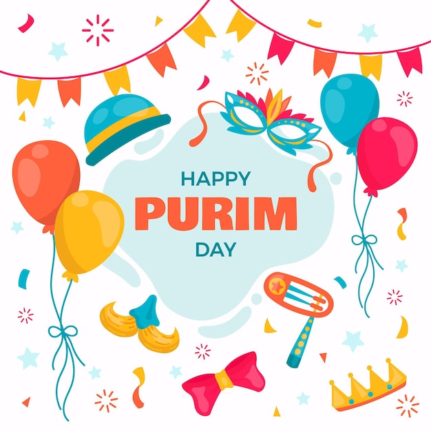 Giorno felice purim disegnato a mano con palloncini