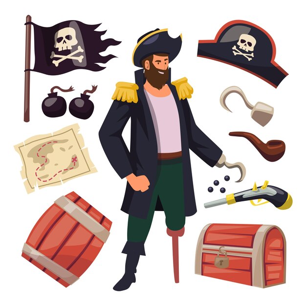 Giovane capitano pirata e marinaio con gancio Personaggi dei cartoni animati