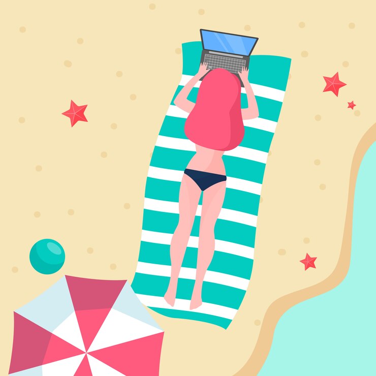Vettore gratuito giovane donna che lavora con il computer portatile sulla spiaggia