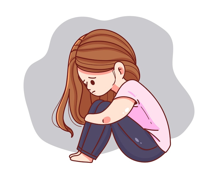 Vettore gratuito giovane donna che si sente triste, stanca e preoccupata, soffrendo di depressione, disegnata a mano, illustrazione di arte del fumetto