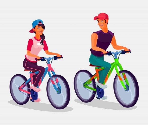 Giovane ragazzo e ragazza che guidano biciclette