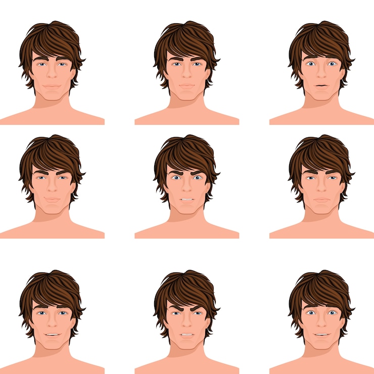 Vettore gratuito giovani capelli scuri persone emozioni gamma di arrabbiato perplesso sorpreso allerta e raccolta felice raccolta ritratti illustrazione vettoriale isolato
