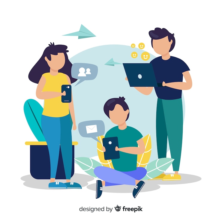Vettore gratuito giovani disegnati a mano con sfondo di dispositivi tecnologici