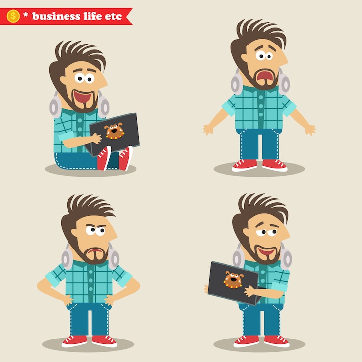 Vettore gratuito giovani emozioni di geek it in pose, in piedi set