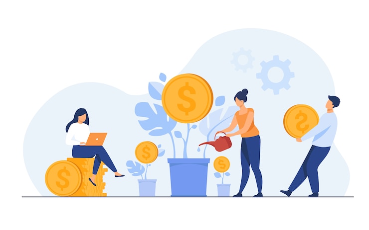 Vettore gratuito giovani investitori che lavorano per profitto, dividendo o entrate