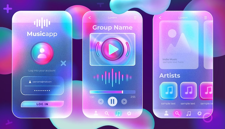 Vettore gratuito glassmorphism progettazione dell'interfaccia utente dell'applicazione musicale kit interfaccia utente mobile modello vettoriale per app mobile in acrilico satinato con schermi sfumati viola ux interfaccia utente con lettore audio del pulsante di riproduzione della playlist dell'artista
