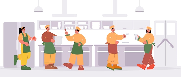 Vettore gratuito gli chef del ristorante che cucinano in cucina i personaggi del personale del caffè squadra indossano toques e uniformi lavorano insieme nella professione del servizio di ospitalità della caffetteria uomini e donne line art persone illustrazione vettoriale