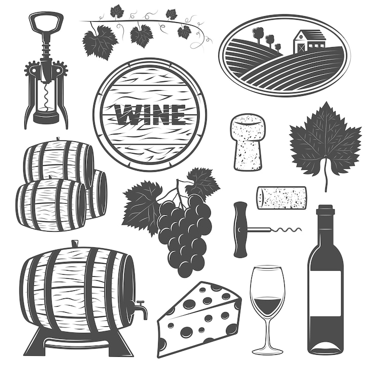 Vettore gratuito gli oggetti monocromatici del vino hanno messo con il mazzo di barilotti di legno della vite di cavaturaccioli dell'insegna del formaggio dell'uva isolati