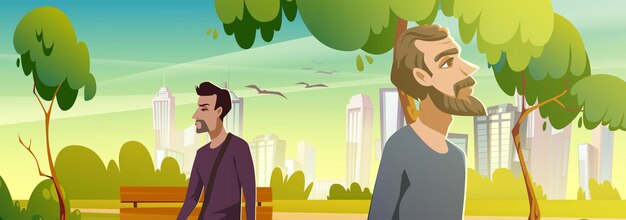 Gli uomini camminano nel parco cittadino. Paesaggio estivo del giardino pubblico con alberi verdi ed erba, panca in legno e città sullo skyline. Illustrazione del fumetto di vettore di persone che camminano all'aperto