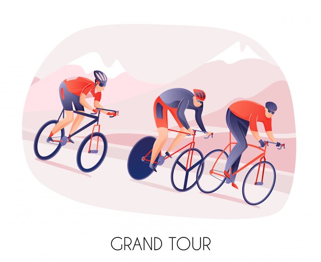 Gli uomini degli atleti negli sport indossano sulle bici durante il giro in bicicletta sulle montagne