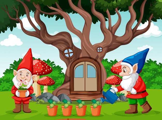 Gnomi e casa sull'albero in stile cartone animato su sfondo giardino