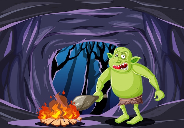 Goblin o troll con fuoco in stile cartone animato su sfondo scuro della caverna