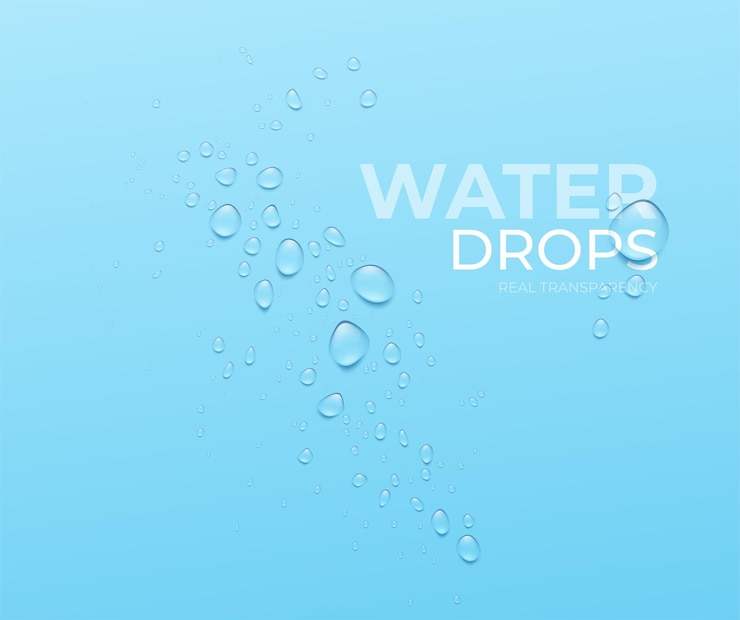 Vettore gratuito gocce d'acqua realistiche su sfondo blu, vero effetto trasparente. illustrazione vettoriale eps10