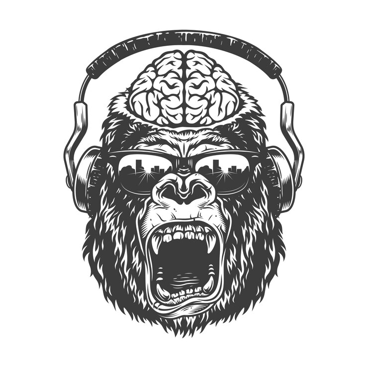 Vettore gratuito gorilla monocromatica vintage con cuffie.