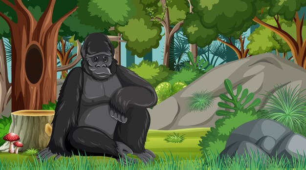 Gorilla nella scena della foresta o della foresta pluviale con molti alberi