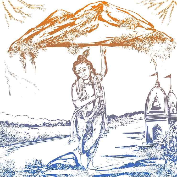 Vettore gratuito govardhan puja con lo sfondo della carta da schizzo disegnata a mano da lord krishna