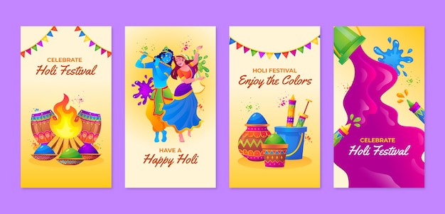 Gradient instagram collezione di storie per la celebrazione del festival di Holi.