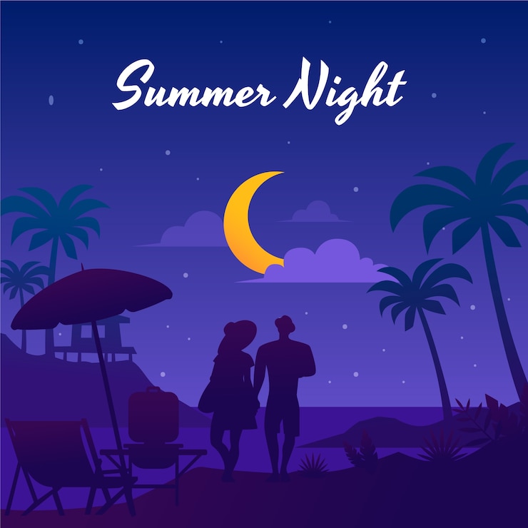 Vettore gratuito gradiente notte d'estate illustrazione con persone sulla spiaggia