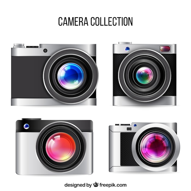 Grande collezione di fotocamere moderne realistiche